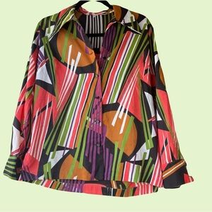 Vintage 1970s Mod Graphic Print Blouse Pointed Collar Geometric Top M